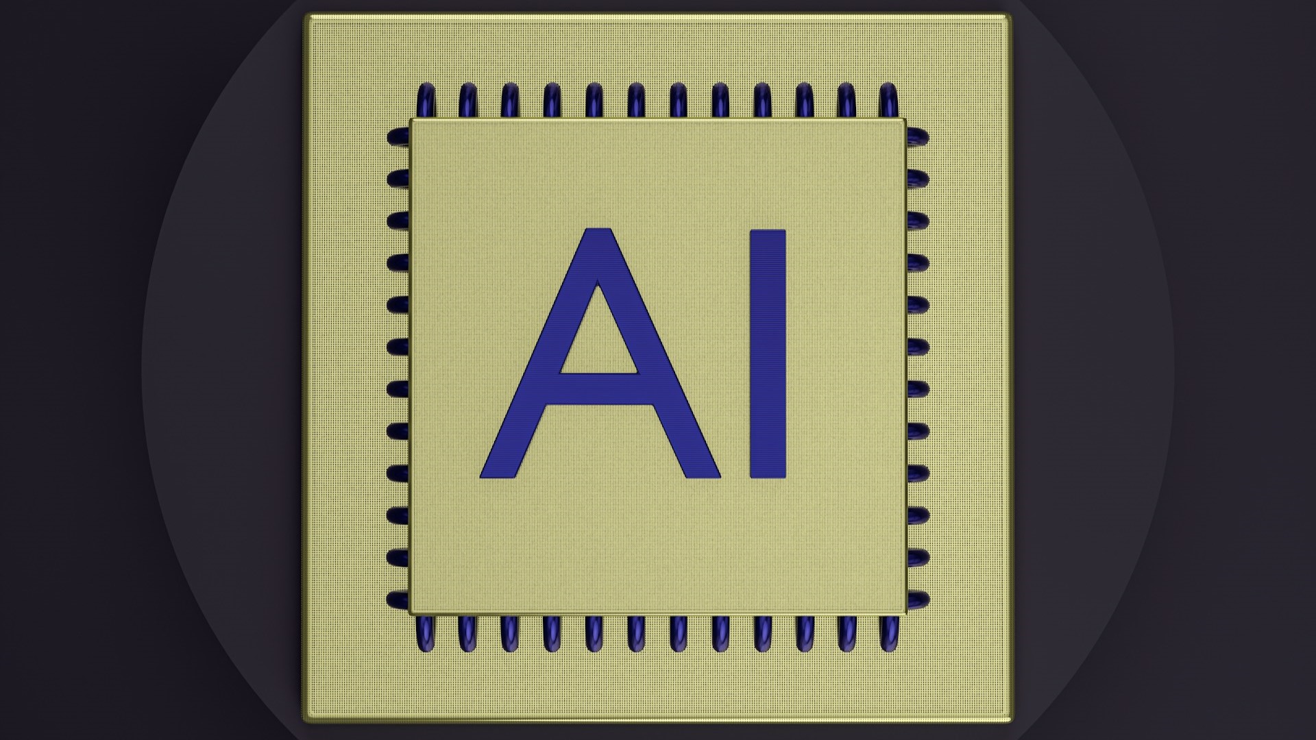 Microchip met het woord "AI" in blauw op een goudkleurige achtergrond, symbool voor kunstmatige intelligentie.