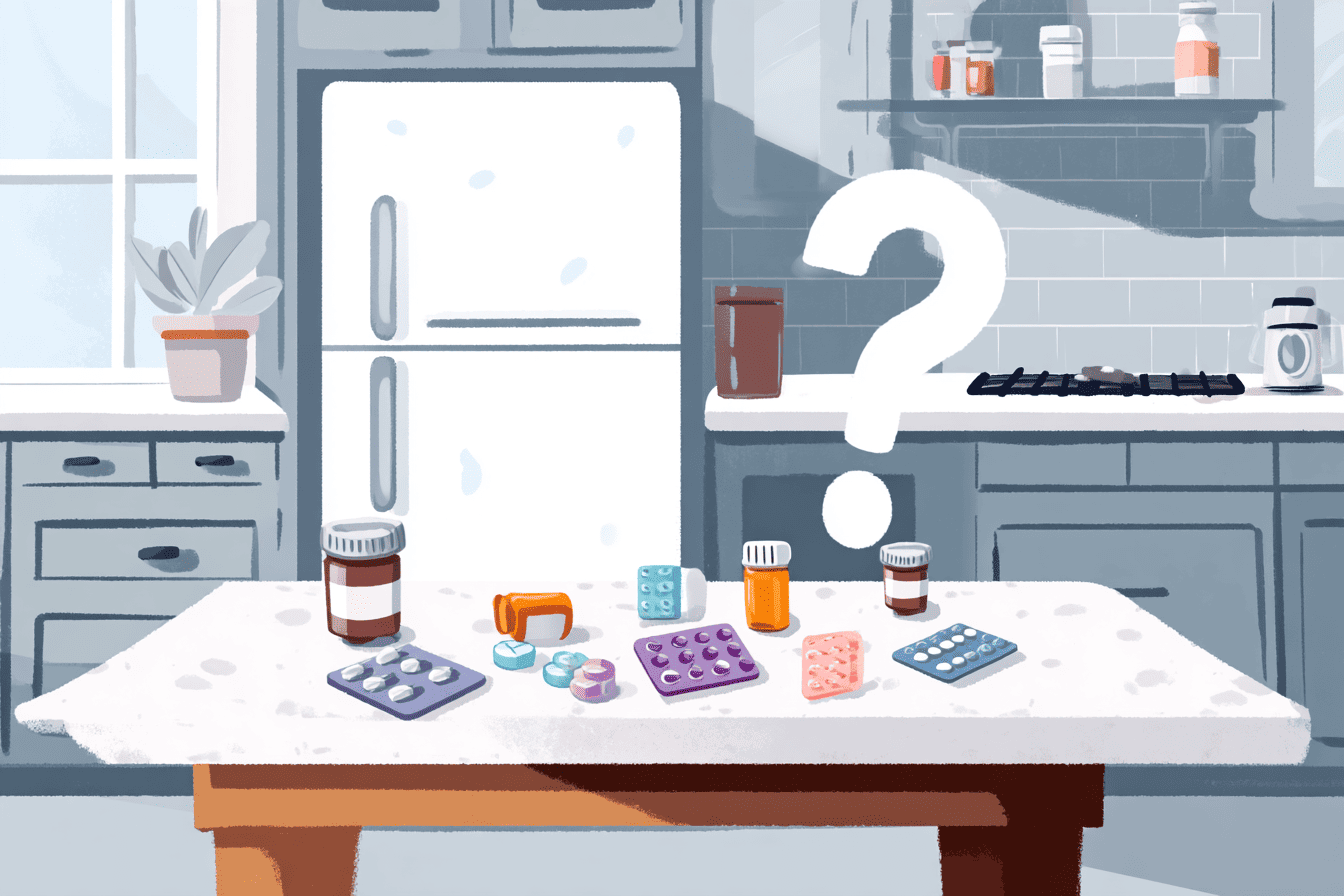 De afbeelding geeft de twijfel weer waar je medicijnen het beste kunt bewaren. In de koelkast of op kamertemperatuur?