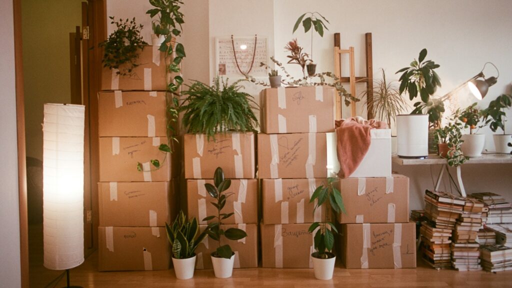 Vervoer bij verhuizing met gestapelde verhuisdozen en planten klaar voor transport naar nieuwe woning