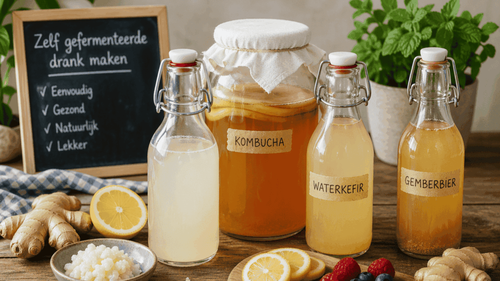 Flessen kombucha en waterkefir met ingrediënten zoals citroen en gember bij gefermenteerde drank maken setup