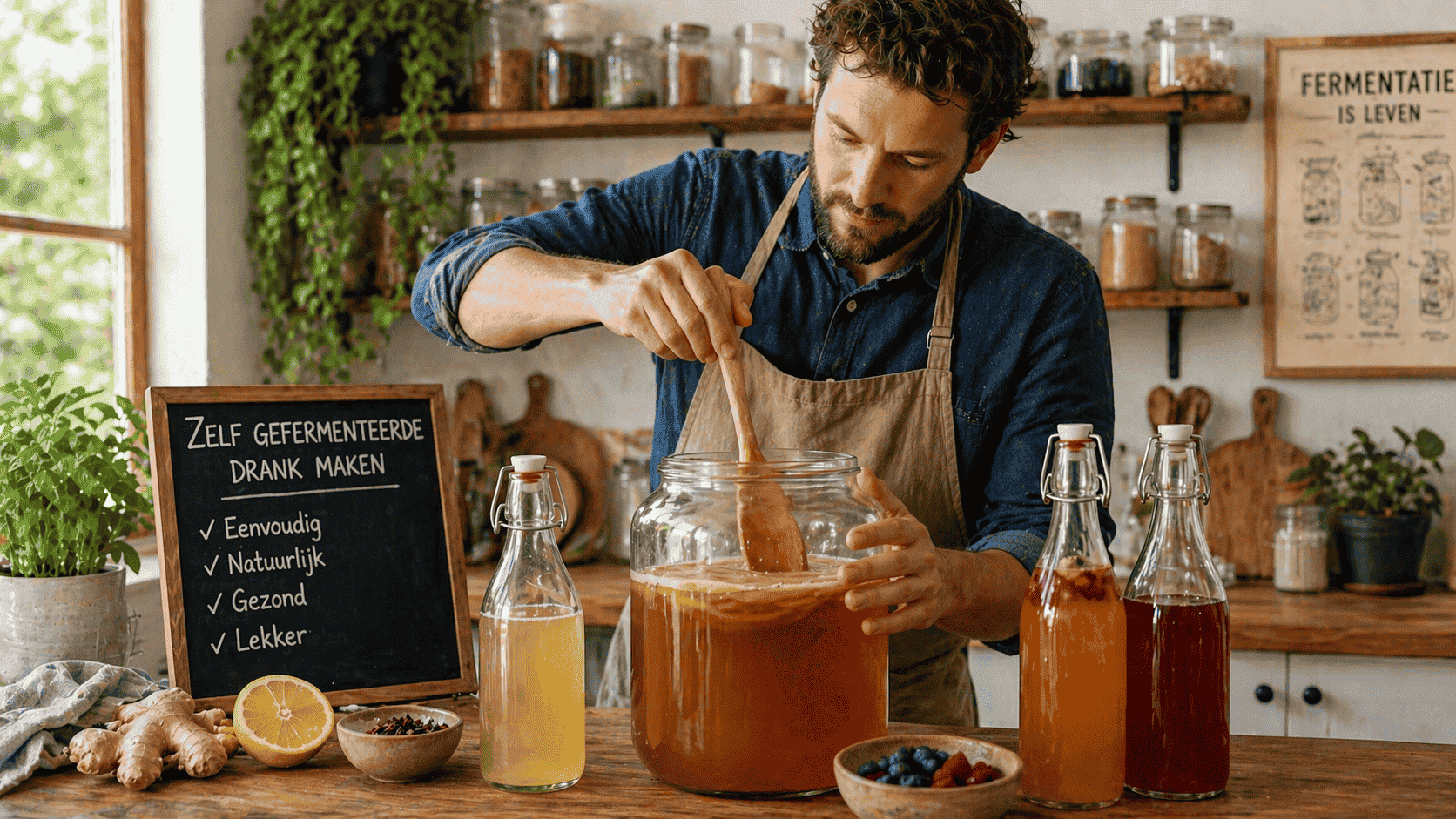 Man bereidt thuis een gefermenteerde drank maken met glazen pot, ingrediënten en houten lepel in keuken