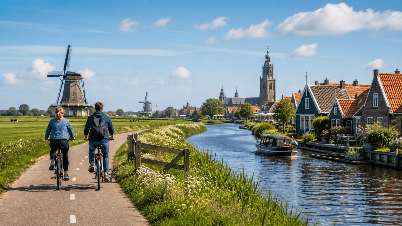 Fietsroute Noord-Holland langs kanaal met molens en dorp terwijl twee fietsers over een dijkpad rijden