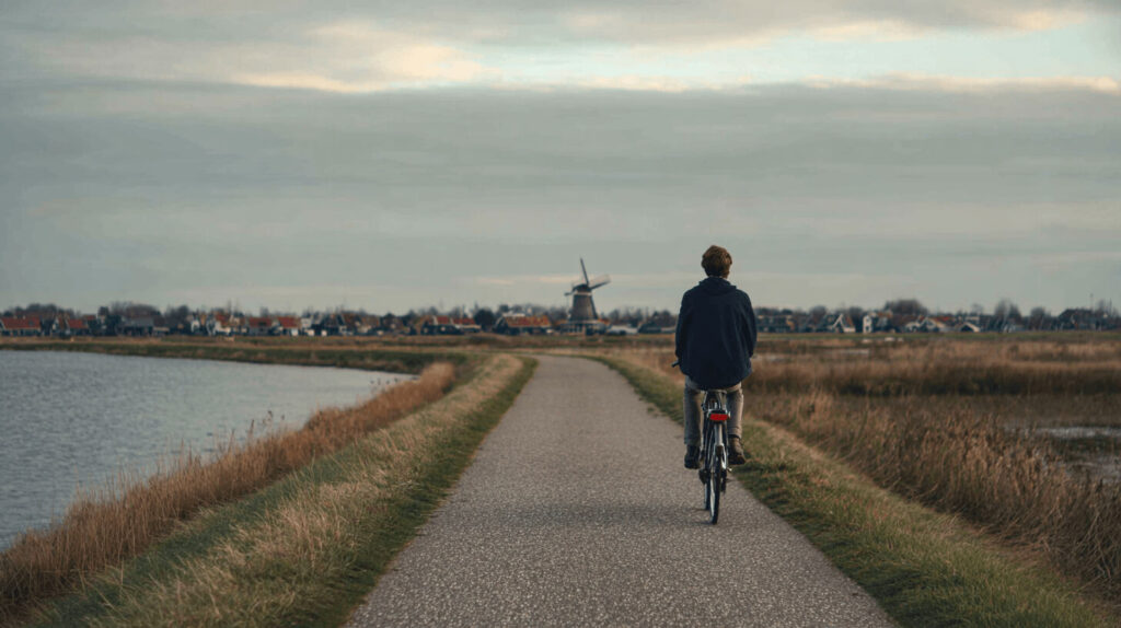Rustige fietsroute Noord-Holland over dijkpad door open landschap met fietser en molen in de verte