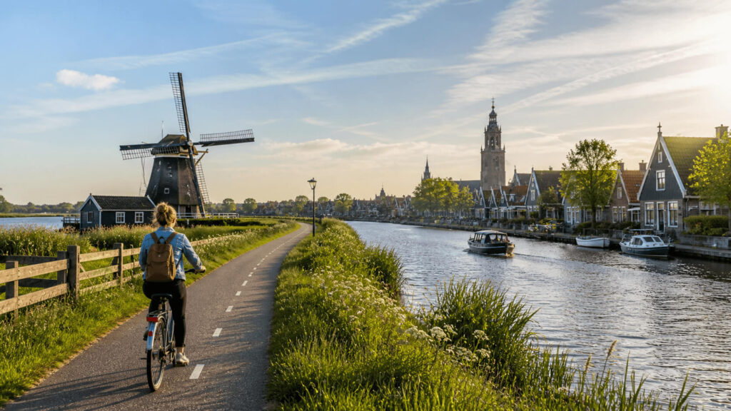 Fietsroute Noord-Holland bij zonsondergang met fietser langs water, molen en traditionele huizen