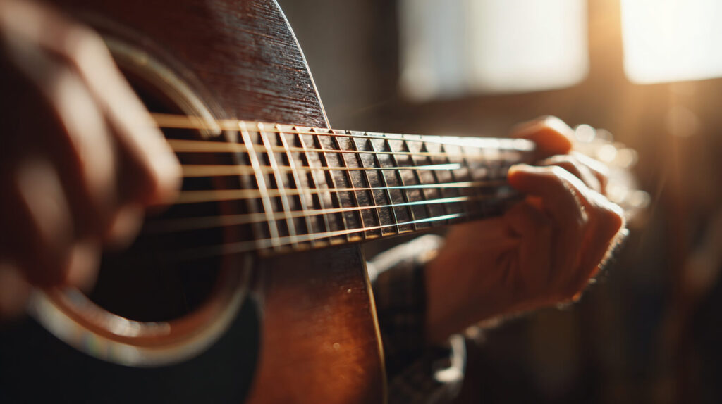 Muzikant speelt op een eerste gitaar om speelcomfort en klank te ervaren