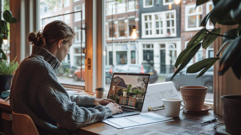 Persoon bekijkt online gegevens om de woningwaarde van een woning in kaart te brengen.