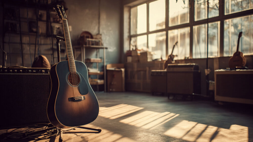 Eerste gitaar in een muziekwinkel, klaar om door beginners te worden uitgeprobeerd
