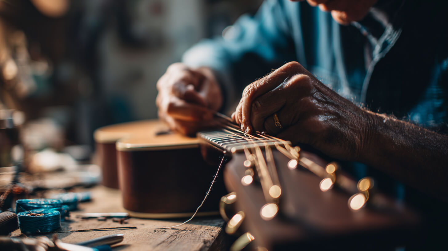 Gitaarbouwer vervangt snaren tijdens onderhoud van een eerste gitaar
