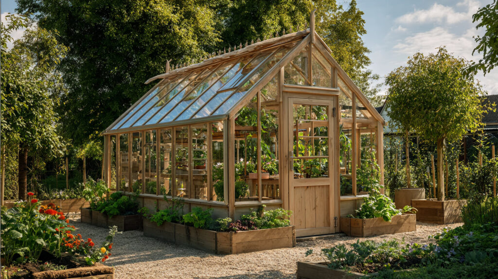 Ruime hobbykas tuin met houten constructie, glazen wanden en planten rondom de kas.