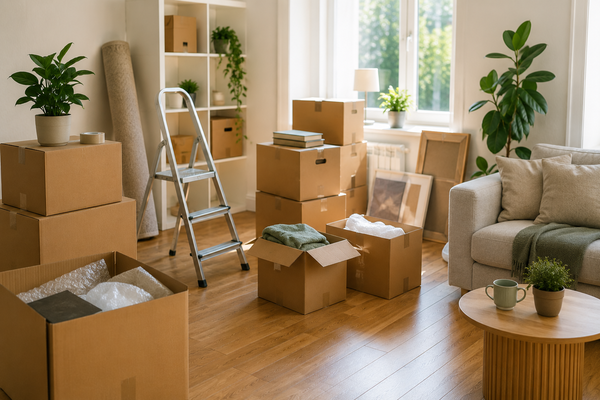 Ingepakte woonkamer met verhuisdozen, verhuisbenodigdheden en meubels ter voorbereiding op een verhuizing