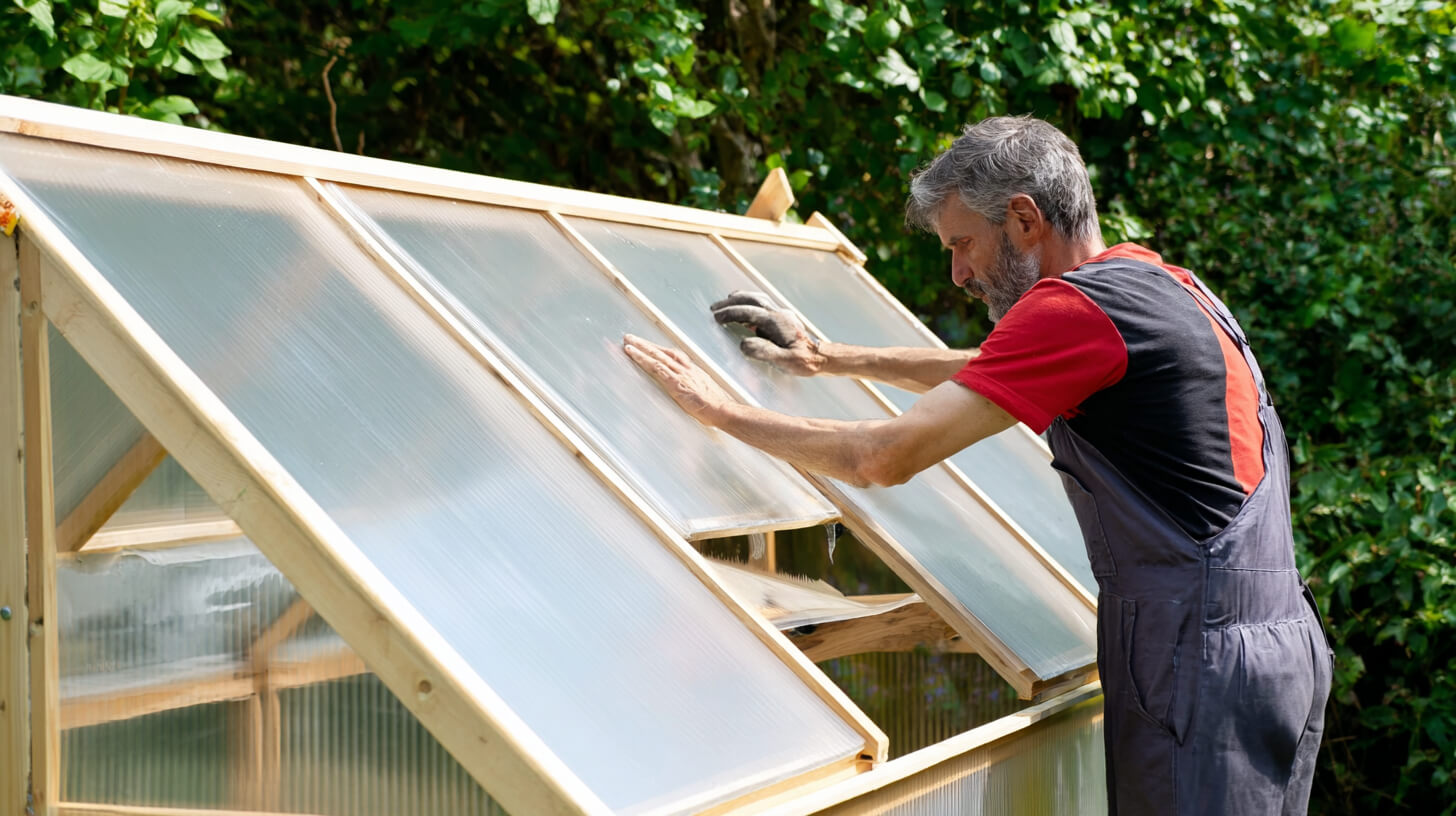 Plaatsing van polycarbonaat panelen op een hobbykas tuin voor lichtinval en isolatie.