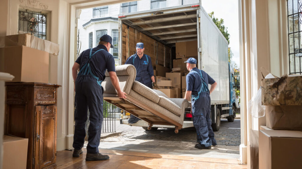 Verhuizers laden meubels in een vrachtwagen tijdens een goed georganiseerd verhuisproces.