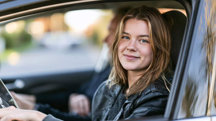 Jonge vrouw achter het stuur van een lesauto met instructeur op de achtergrond.