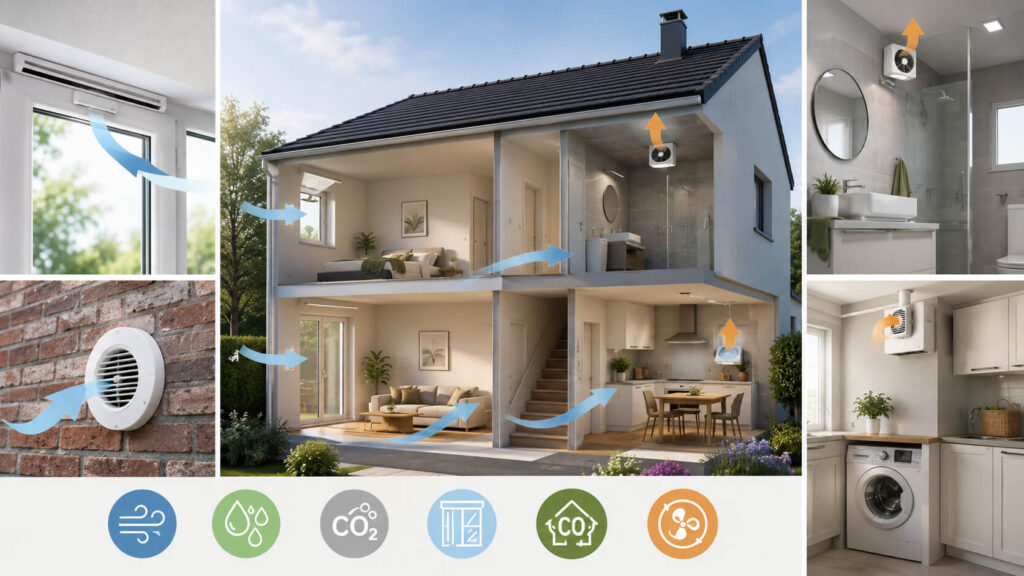 Overzicht van luchttoevoer en ventilatie in een woning met aanvoer- en afvoerluchtstromen