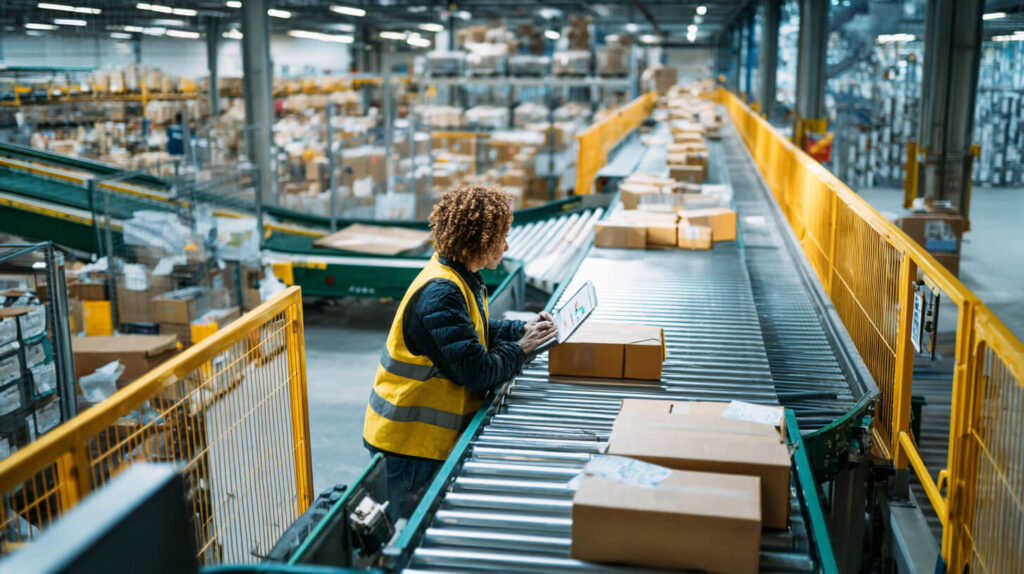 Logistiek medewerker controleert goederenstromen in een distributiecentrum voor bedrijven zonder eigen opslagruimte.