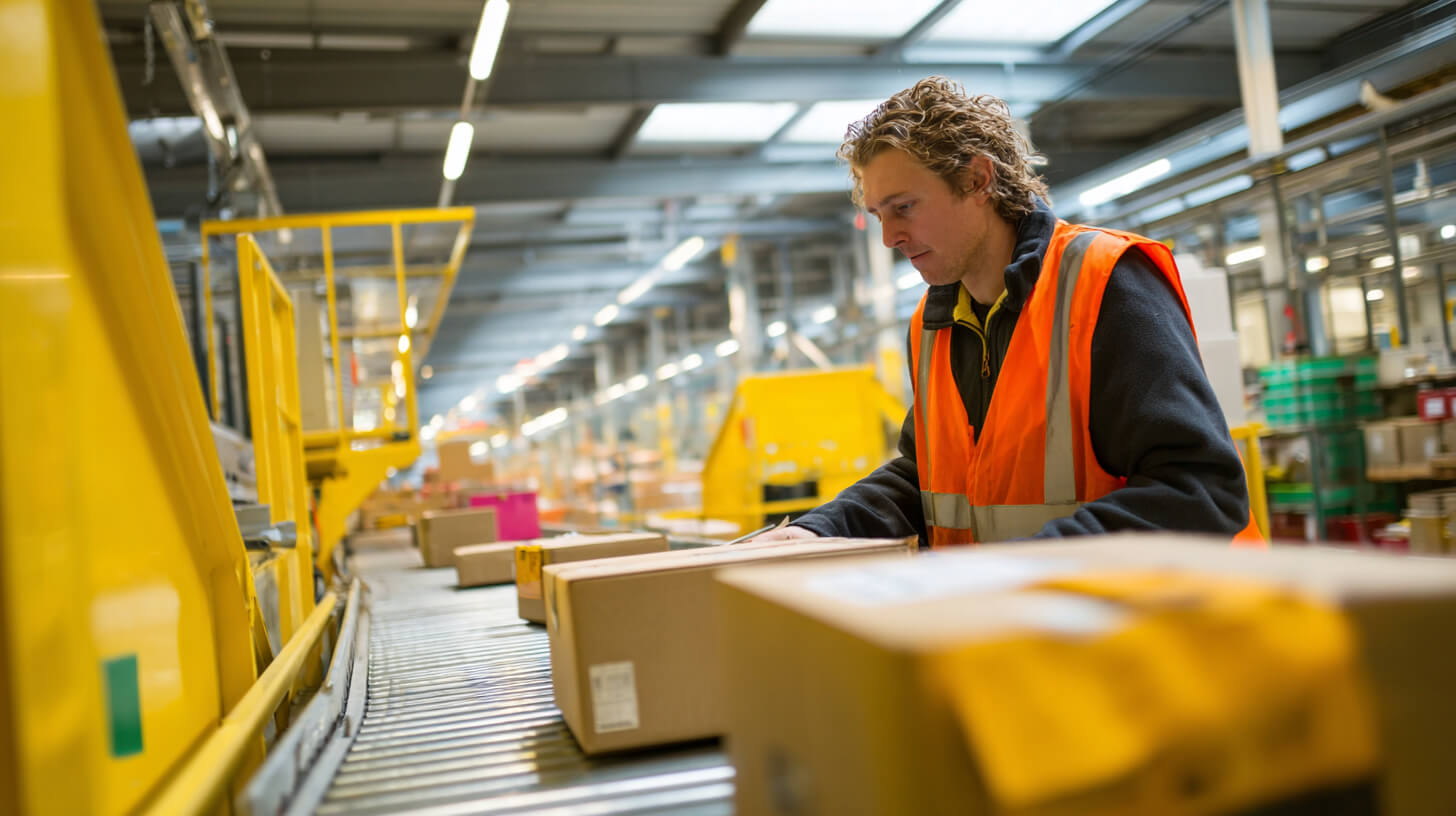 Medewerker verwerkt pakketten op een transportband binnen een logistiek centrum zonder eigen opslagruimte.