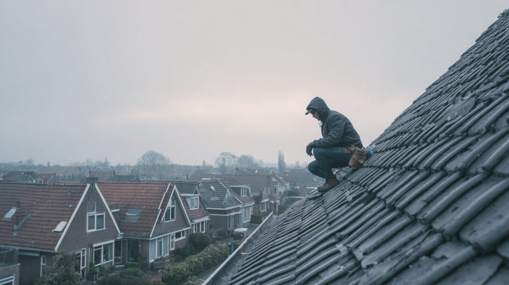 Vakman hurkt op een hellend pannendak tijdens een bewolkte dag voor controle van de bedekking