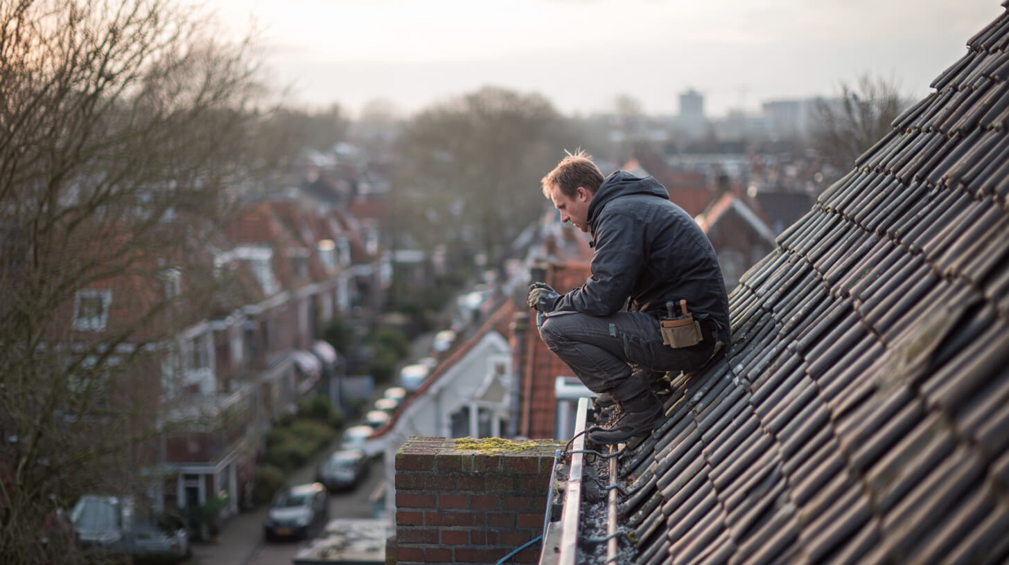 Dakwerker inspecteert bij zonsondergang de dakpannen boven een straat met rijtjeshuizen