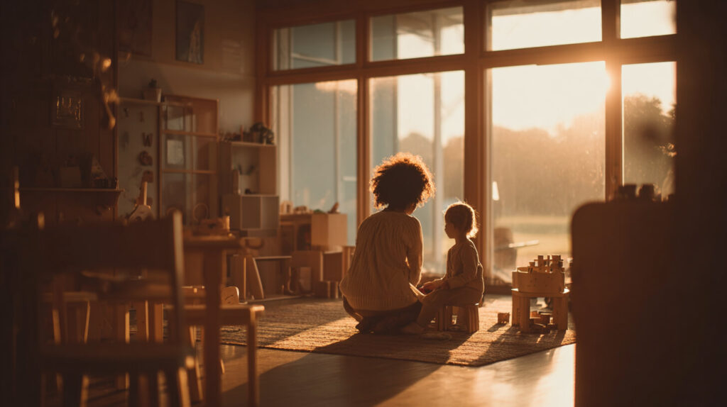 Begeleidster gaat in gesprek met een jong kind op een speeltapijt tijdens de kinderopvang, verlicht door warm avondlicht