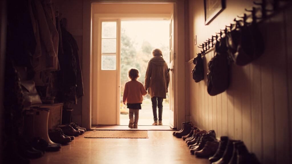 Ouder en kind lopen hand in hand de kinderopvang uit door een lichte hal met jassen en schoenen