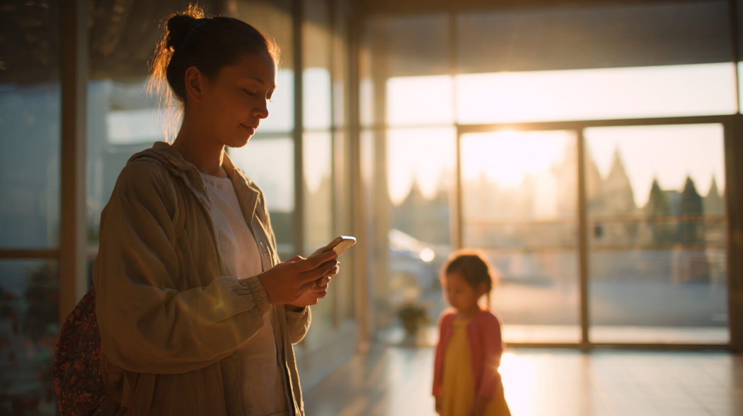 Ouder checkt haar telefoon terwijl het kind op de achtergrond wacht bij het ophalen van de opvang