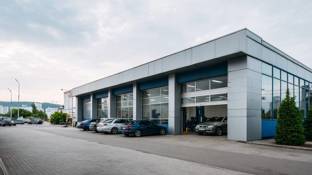 Buitenaanzicht van een moderne autogarage met meerdere openslaande poorten en geparkeerde voertuigen voor de werkplaats