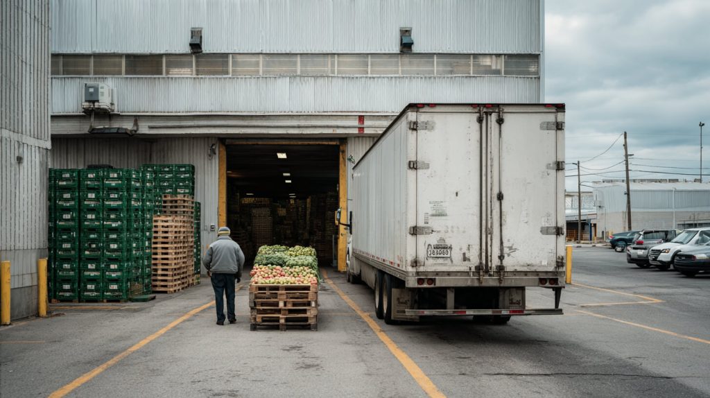 Chauffeur loopt langs pallets met groente en fruit naar een koelwagen bij een distributiecentrum tijdens het laden