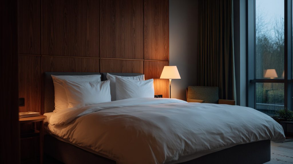 Sfeervolle hotelkamer in de avond met een groot bed, warme lichtaccenten van een vloerlamp en uitzicht op de tuin door het raam