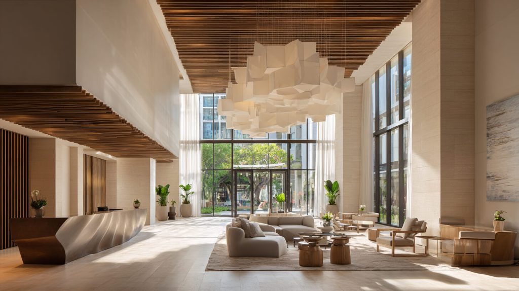 Lichte, ruime hotellobby met een houten plafond, sculpturale receptiebalie en zithoek in natuurlijke tonen