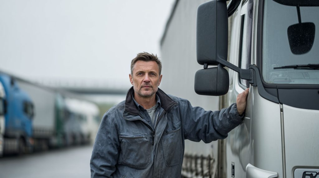 Vrachtwagenchauffeur staat naast zijn cabine op een parkeerplaats met vrachtwagens op de achtergrond