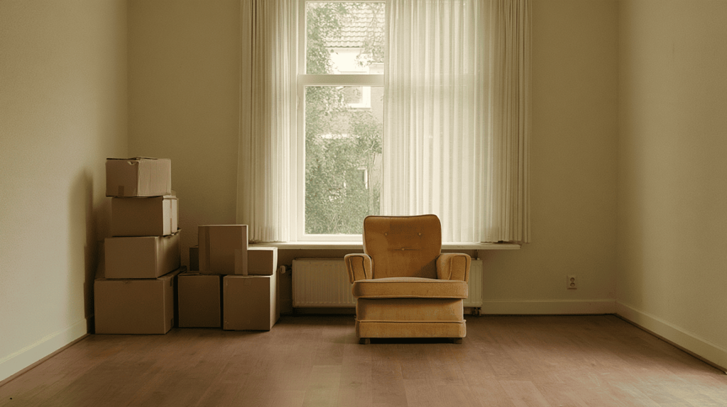 lege woonkamer met verhuisdozen