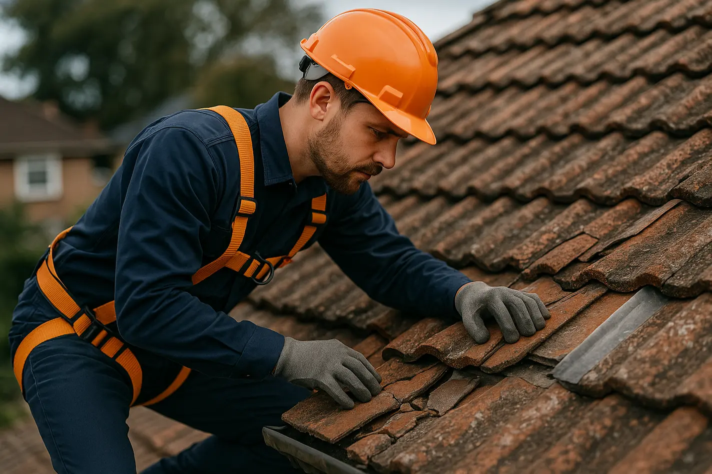 Dakarbeider voert dakinspectie uit na stormschade aan dak