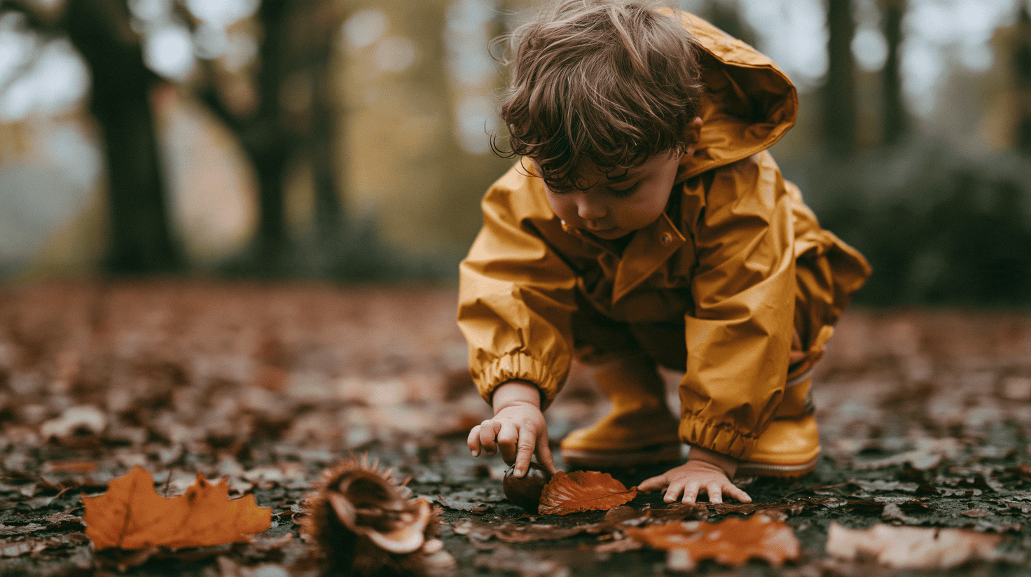 Kind in gele regenjas verzamelt kastanjes tussen herfstbladeren in een bos
