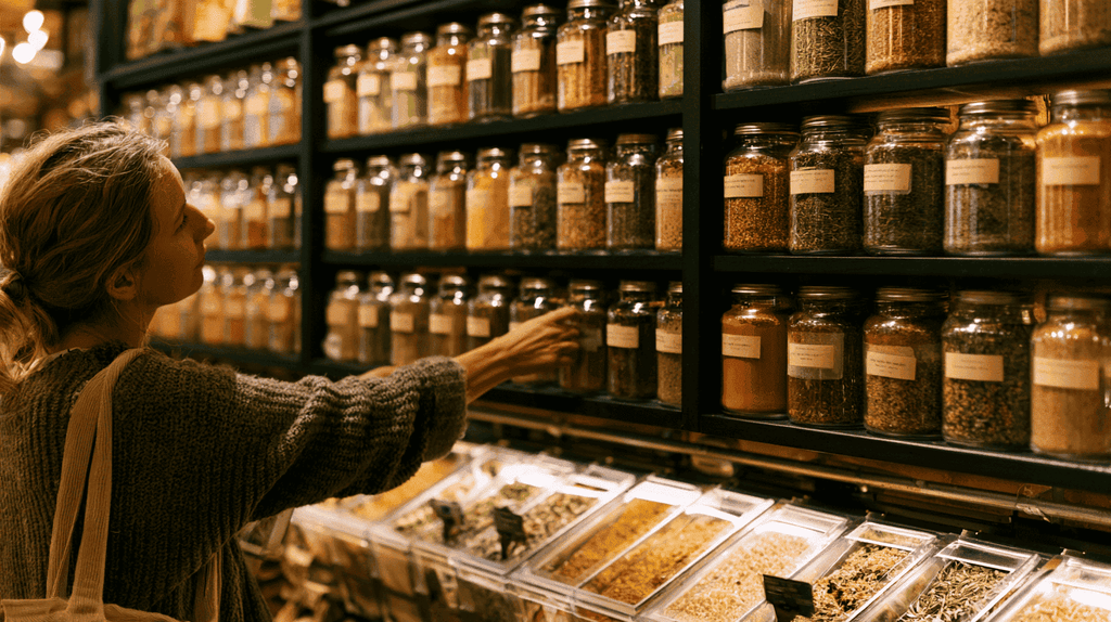 Vrouw bekijkt het assortiment kruiden in een specerijenwinkel